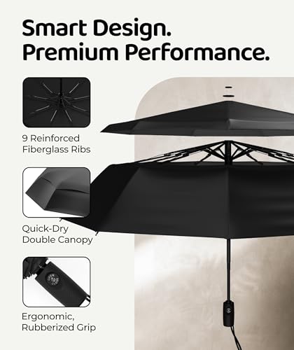 Image of Windproof Travel Umbrella - Compact & Withstands Winds up to 85MPH, Strongest Premium Auto Folding Umbrella for Rain and Sun - Durable, Light & Portable for Women & Men, Fits Backpack & Cars
