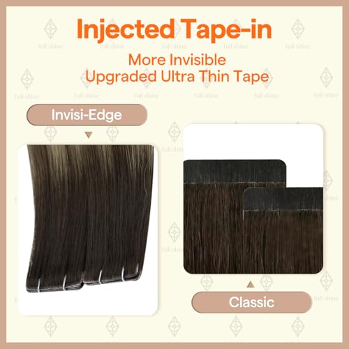 Image of Full Shine Tape in Hair Extensions Human Hair 14Inch Machine Virgin Tape in Extensions Color Medium Brown to Honey Blonde Balayage Short Skin Weft Hair Extensions 10Pcs 20Gram for Women