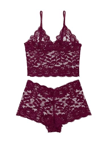 Image of Lilosy Sexy Sheer Floral Lace Pajamas Lingerie Set High Waist Sleepwear Bra and Panty 2 Piece Nightwear