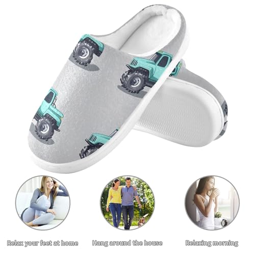 JUNZAN Cartoon Truck Car Grey Cotton Slippers for Men Closed Toe Memory Foam Bedroom Shoes for Outdoor Funny Presents 6-73