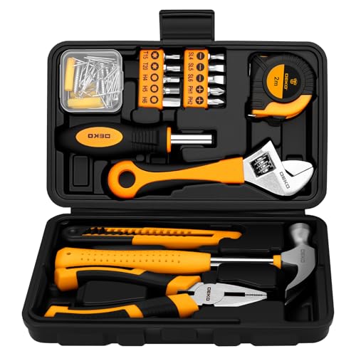 DEKO Caja de Herramientas Pequeña, Juego de Herramientas Básicas con Martillo, Alicates y Destornillador con Puntas, para Pequeñas Reparaciones del Hogar y Bricolaje, Amarillo