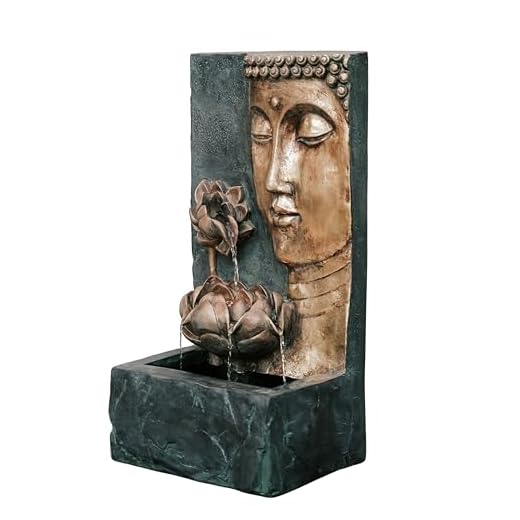 XBrand Cascading Lotus Buddha Face Indoor Outdoor Zen Water Fountain w/LED Light, 30 Inch Tall, Bronze and Natural Stone