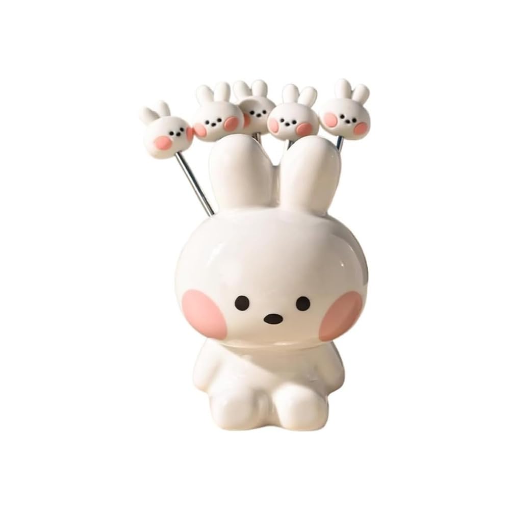 (5 Pieces) Cute Cartoon Stainless Steel Fruit Fork for Cake Fruit Dessert Fork Set for Home (Rabbit)
