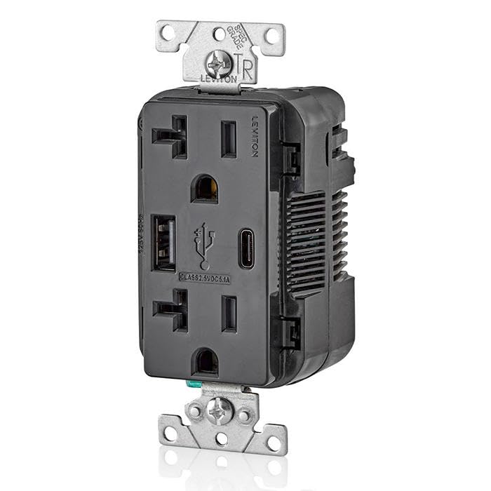 Image of Leviton Type A & Type-C USB In-Wall Charger with 20A Tamper-Resistant Outlet, USB Charger for Smartphones and Tablets. Not for Laptops, T5833-E, Black