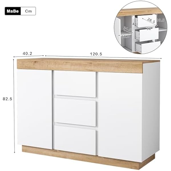 Dolamaní Деревянный комод белого цвета с дубовыми вставками 120 x 82 x 40 см шир. выс. глуб. современный комод с 3 ящиками и 2 дверцами для спальни гостиной прихожей столовой
