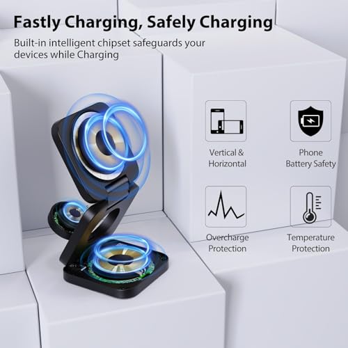 KU XIU X55 Fast Wireless Charger, Magnetic Foldable 3 in 1 Charging Station for iPhone 15/14/13/12Pr