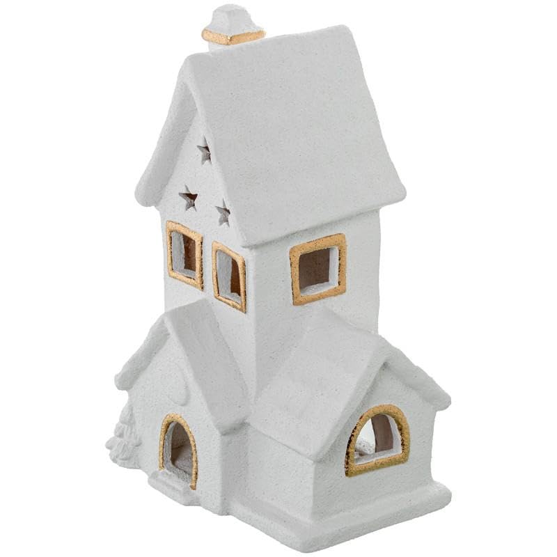 Statuetta portacandele di una casa in ceramica in bianco e oro 20x15x32 cm