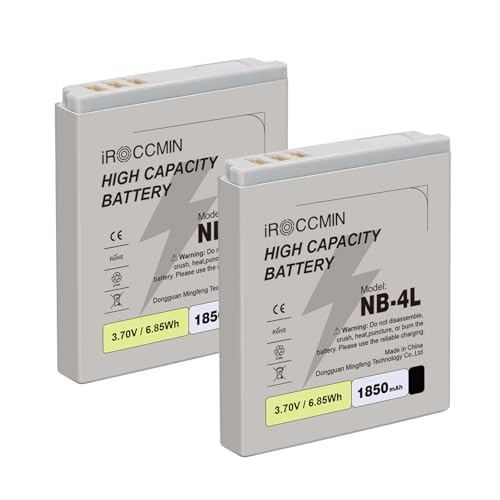 iROCCMIN 2Pcs 1850mAh NB-4L NB-4LH Replacement Battery for Canon PowerShot SD30 SD40 SD200 SD300 SD400 SD430 SD450 ELPH 100 300 310 330 IXY Digital 10 40 45 50 55 Digital IXUS i i7 Zoom Camera