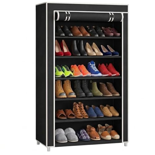 Image of EASY BUY Black Shoe Rack with Cover, Plastic Rack 6 Shelves with Zip Door Cover & Side Pocket | Dustproof Multiuse Storage Organizer for Footwear, Clothes, Toy, Shoe Rack Plastic, Slipper Stand