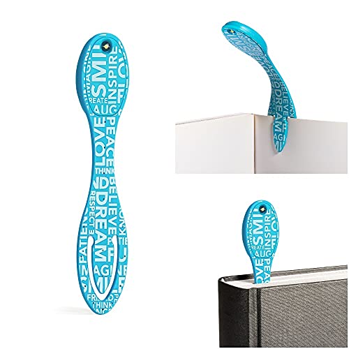 Image of Gifts for Readers & Writers Book Light, Clip On Reading Light for Bed, 2in1 Flexilight & Bookmark, Small & Lightweight with a Soft Glow, 2 Batteries Included, Blue Words