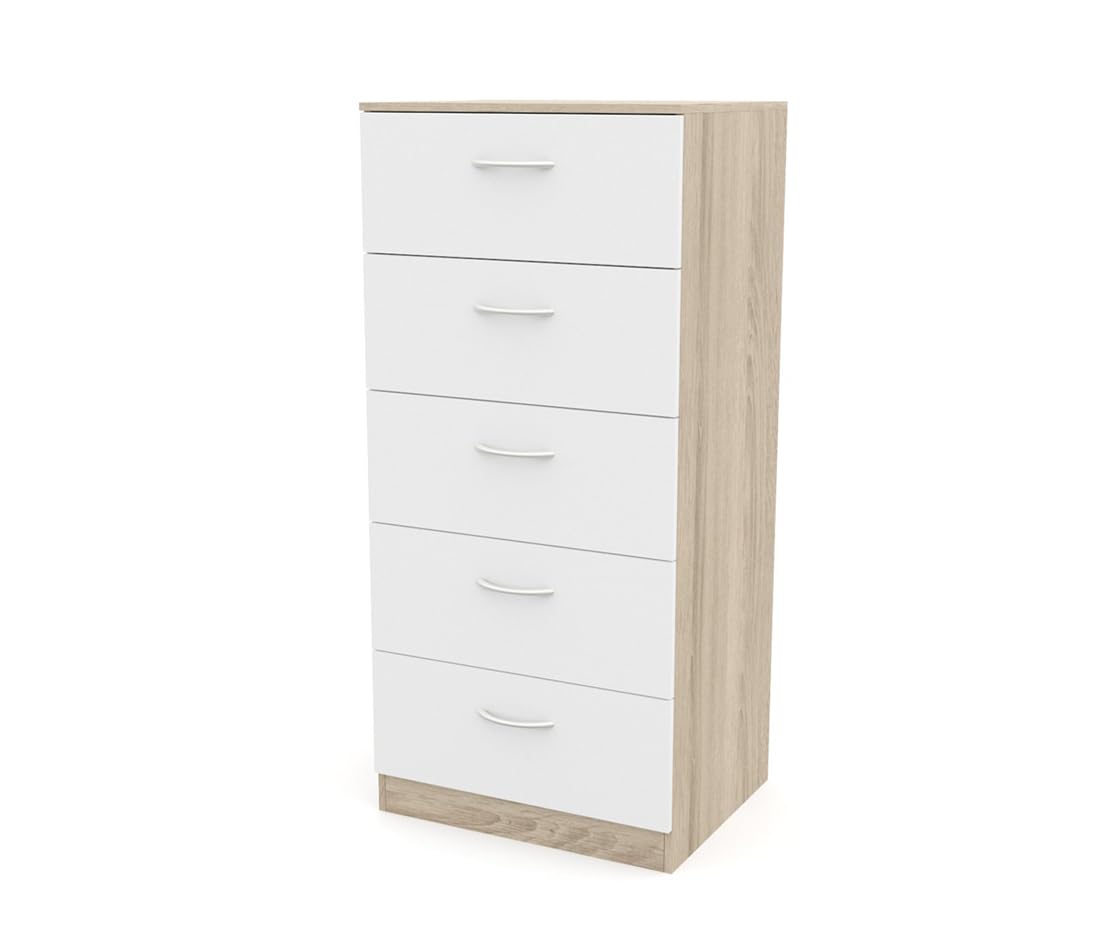 DORMIDAN- Sinfonier 5 cajones guías metálicas, cómoda Dormitorio, Altura 110cm. (Roble cajones Blanco)