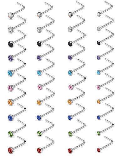 Tornito 20G 40Pcs Stainless Steel Curved Nose Stud Nose Ring CZ L Shaped Nose Screw Piercing Jewelry for Women Wen