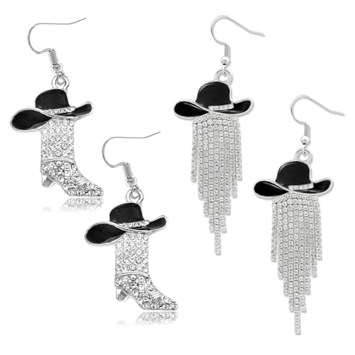 RechicGu 2 Pairs Rhinestone Western Boots Earrings for Women Cowboy Chic Cowgirl Enamel Hat Tassel Dangle Earrings Boho Vintage Rodeo Boots Spur Western Jewelry Country Concerts Outfits Gifts Tassel