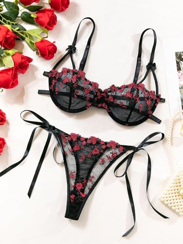Image of Lilosy Sexy Tie Side Cute Underwire Push Up Strappy Embroidered Mesh Sheer Lingerie Set