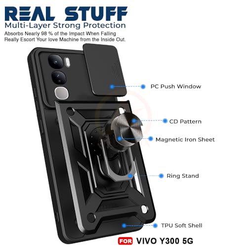 Image of Armor Bumper Back Cover Case for Vivo Y300 5G | Rotating Camera Cover, Ring Holder & Kickstand | Heavy Duty & 360 Degree Protection Vivo Y300 5G Back Cover (Black)