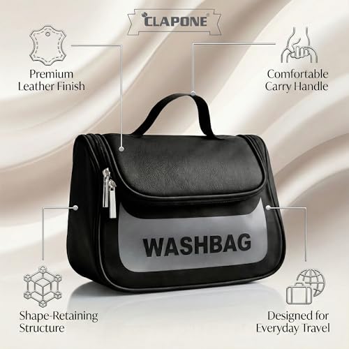 Image of Cosmetic Bag for Women, PU Leather Makeup Pouch, Large Capacity Travel Makeup Organizer with Divider & Handle, Waterproof Portable Vanity Storage Bag for Toiletries (Washing Bag-Black)