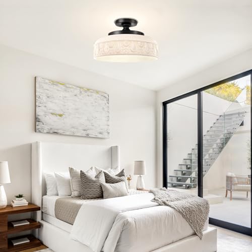 Lamomo Semi Flush Mount Ceiling Light,White Glass Shade Black Hallway Light Fixture,3-Bulb Globe Glass Close to Ceiling Scone,Indoor Hanging Light for Bedroom Kitchen Porch Hallway,Bulbs Not Included