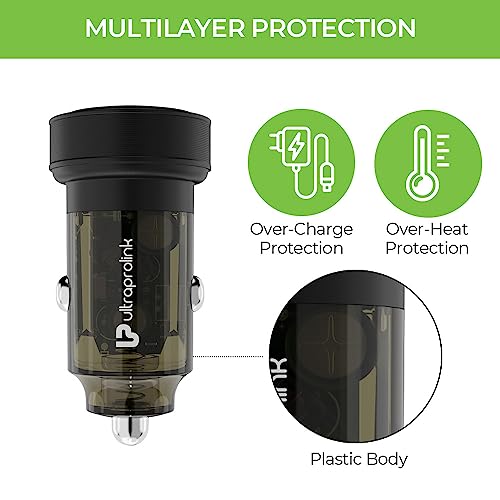 Image of ULTRAPROLINK 15W Fast Car Charger With 3 In 1 Cellularphone Charging Cable|Zip Kit| Rapid Car Charger With Dual Usb Ports & Transparent Body|Multi Charger|18W Nylon Braided Cable|Um1109