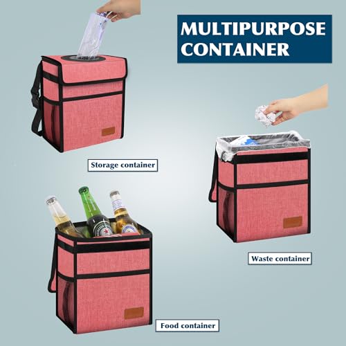 Image of Femuar Car Trash Can with Lid - Leak Proof, Waterproof, Multipurpose Car Hanging for Headrest, Collapsible, Portable with Storage Mesh Pocket, Pink