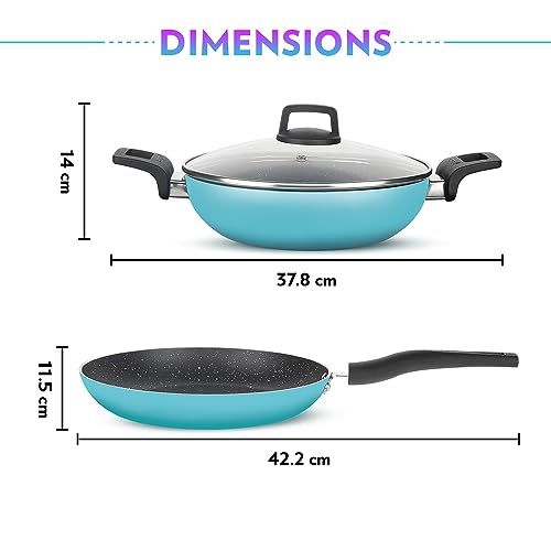 Image of Borosil Festive Glory Non-Stick Set of 3 Kadhai (24 cm), Fry Pan (24 cm) & 1 Lid, Gas Stove & Induction Compatible, Metal Spoon Friendly, Blue Exterior, Stir Fry Pan, Prantha Tava, Kadai for Deep Fry