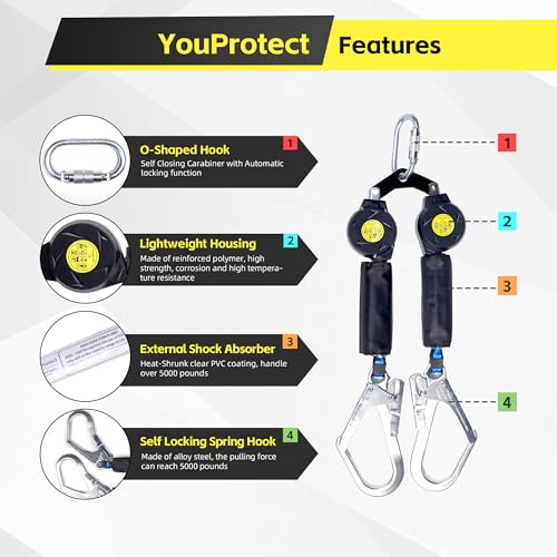 Image of 6 FT Dual Leg Self-Retracting Lifeline Web Lanyard Retractable, 2.36 inch Gate Opening Twin Steel Locking Hooks, Double Yoyo, Shock Absorber | Fall Protection OSHA & ANSI Compliant SRL