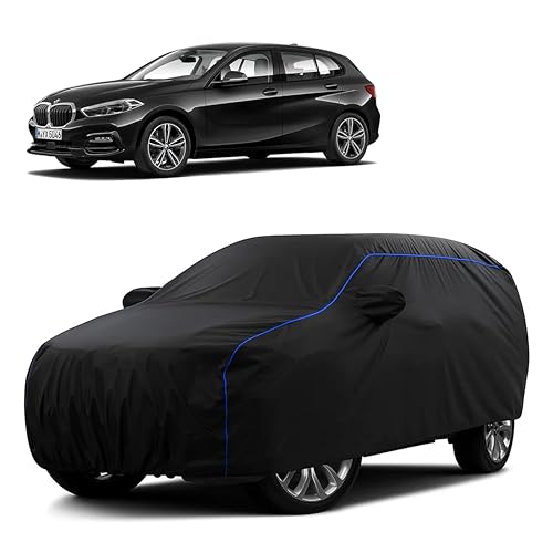 Image of Sulfar 100% Water Resistant Car Body Cover Compatible with Mirror for BMW 1 Series (Triple Stitched, Full Bottom Elastic, Black Tafetta with Blue Piping)