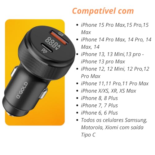 Carregador Veicular Turbo 60w Carregamento Ultrarrápido 9.1A entrada USB 3.0+Tipo C com LED PD+QC4.0