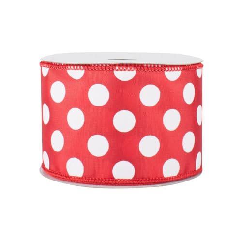 Red Polka Dots Wired Ribbon - 2 1/2" x 10 Yards, Valentine's Day, V-Day, Wreath, Gift Wrapping, Bows, Easter, Memorial Day, 4th of July, Christmas Tree Decoration