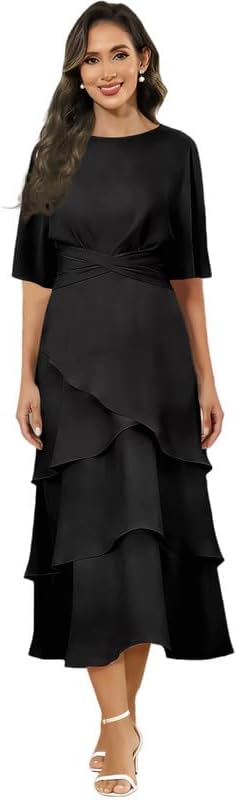 Chiffon Mother of The Bride Dresses for Women Tea Length Short Sleeve Ruffles Formal Dress Evening Gown