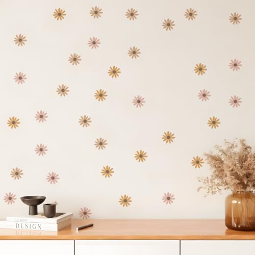 Image of QUCHENG Daisy Wall Decals Boho Girls Bedroom Floral Stickers Removable Decor Nursery Kids Room Vinyl Murals DIY Cute Decorations 6 Sheets