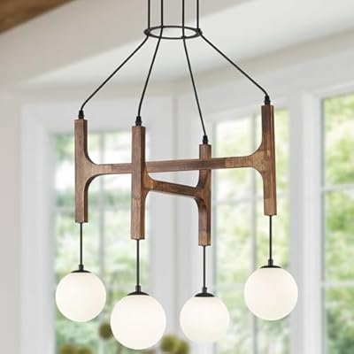Poemoon Rustic Wood Chandeliers with 4 Milk Glass Globes Shapes Farmhouse L24'' Unique Mid Century Long 4-Light Pendant Chandelier Lighting for Living Dining Room Entryway Foyer Bedroom Kitchen,G9