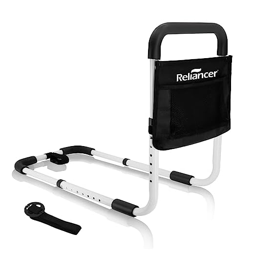 RELIANCER Bed Safety Rail for Elderly Adult,Adjustable Bedside Assist Grab Bar w/Storage Pocket,Bed Side Support Railing for Seniors,Fall Prevent Bedside Handle Bar,Bedside Assist Guard Rails Bed Cane