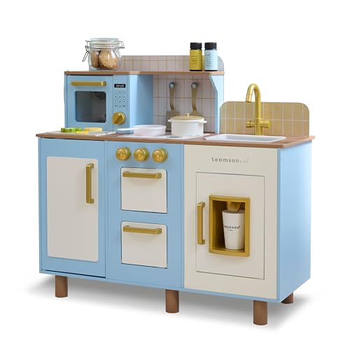 Teamson Kids Little Chef Hampton Wooden Play Kitchen Set with Ice Dispenser, Sink, Click Hob Knobs, Storage & 17 Accessories Included for Toddlers