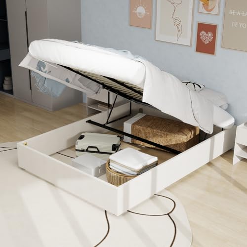 kozamas Polsterbett 160x200 cm Beige mit Stauraum, Modernes Stoffbett aus Samt mit Gasdruckfeder, Bettgestell ohne Kopfteil und Matratze