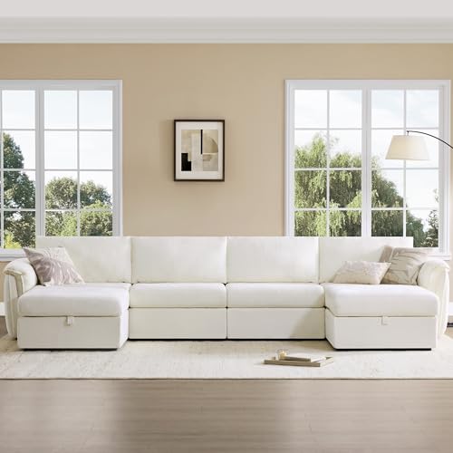 Image of CHITA Extra Large Sectional Couches for Living Room, Cloud Modular Sectional Sofa with Chaise, Ottoman with Storage, 4 Seater U Shaped Sectional Couch, Chenille in Cream