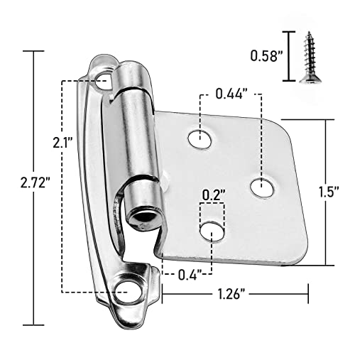 Brushed Satin Nickel Cabinet Hinges,50 Pack(25 Pairs) 1/2" Overlay Self Closing Flush Face Mount Kitchen Cabinet Door Cupboard Hinges #TOP2