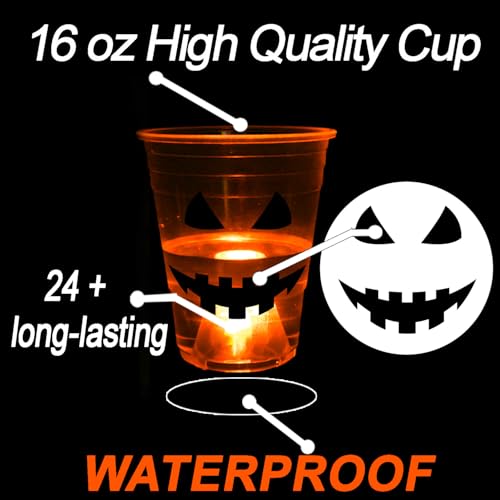 Ahuimeius 22 Pc Glow Pumpkin Party Game Set, 16 oz Light Up Pong Cups for Ghost Theme Party With 6 Halloween Balls, Orange & White