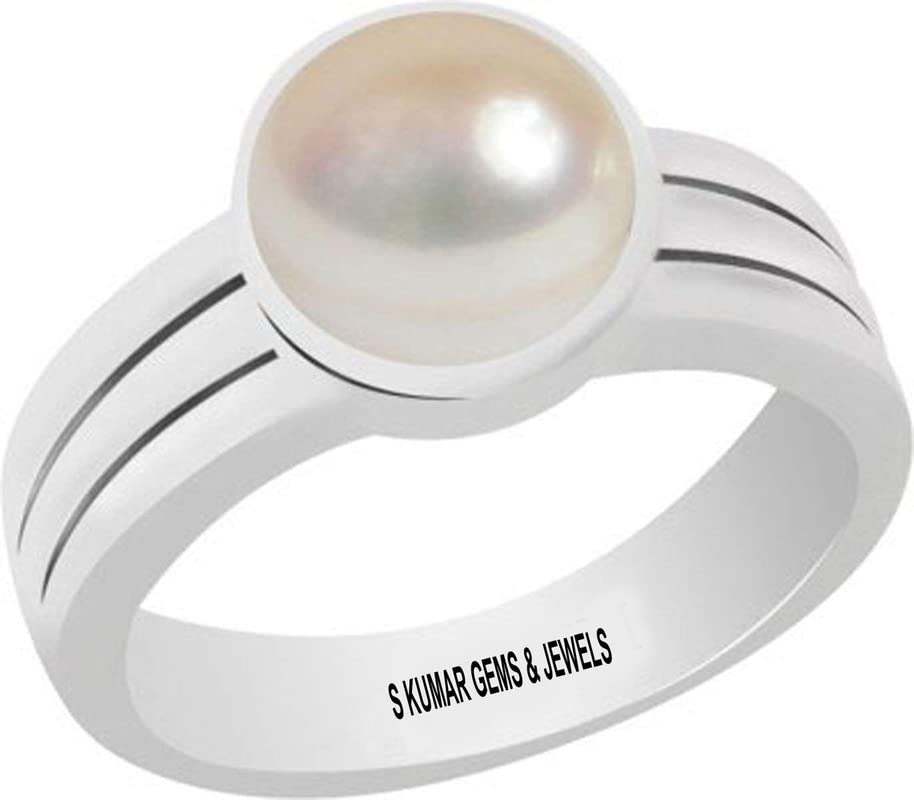 S Kumar Gems & JewelsCertified Original Pearl (Moti) Birthstone/Rashi Ratan/Gemstone 9.25 Ratti or 8.50 Ct sterling Silver Ring For Astrology