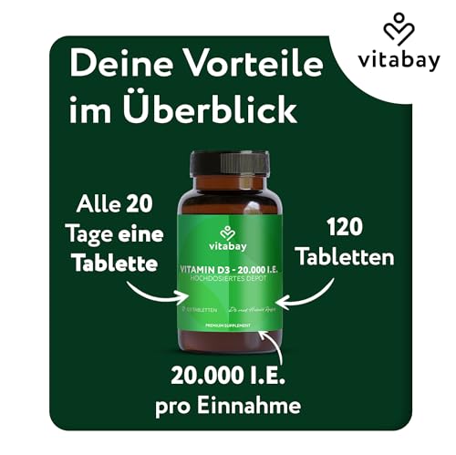 Vitabay Vitamin D3 Depot 20.000 I.E. – 120 vegane Tabletten – hochdosiert & vegan – ohne Zusatzstoffe – laborgeprüft – Vorrat für lange Zeit
