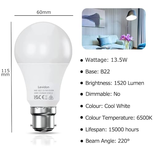 Bayonet Light Bulbs 100W Equivalent, Cool White 6500K,13.5W 1520LM Super Bright LED Bayonet Bulb, Daylight B22 LED Bulbs, BC GLS Energy Saving Lightbulbs Bayonette, Non-dimmable, Pack of 6 - Image 4