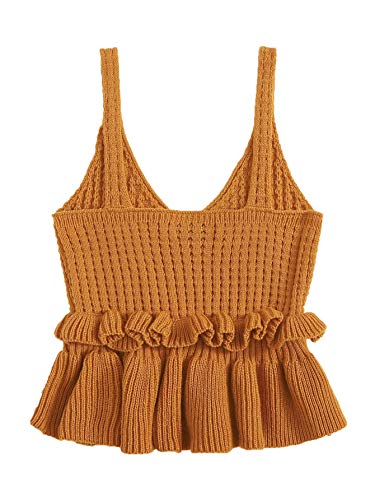 Sweatyrocks Women's Casual Spaghetti Strap Ruffle Hem Peplum Cropped Knit Sweater Brown S #TOP1