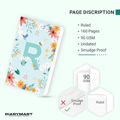 Image of Initial R Premium Soft Bound Notebook Diary for Girls and Women (B6, 90 GSM, 160 Ruled Pages) Floral Design Notebook Journal Diary