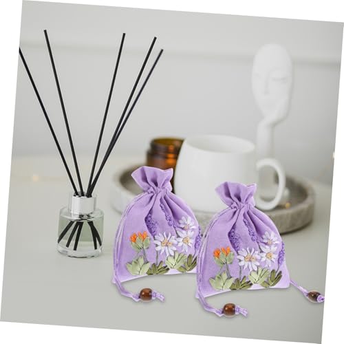 Bolsas de lino bordadas para joyería con cordón lavanda miniatura 5