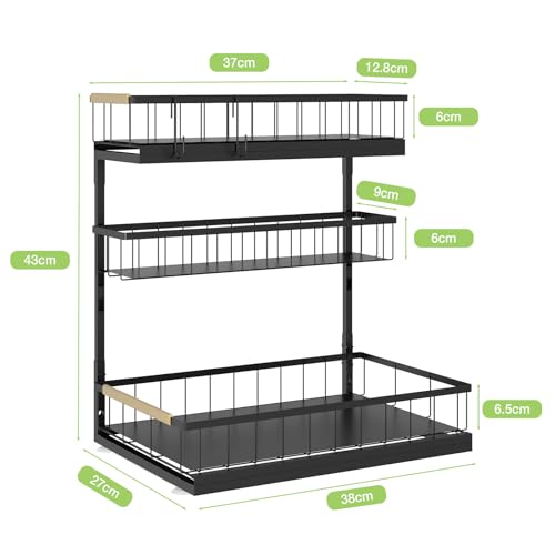 Fantasnight Kitchen Under Sink Storage Organiser - 1 Pack Metal Undersink Organisation for Cupboard - 3 Tier Pull Out Cabinet Drawers Black - Sliding Cleaning Shelf Organizer Solutions for Bathroom