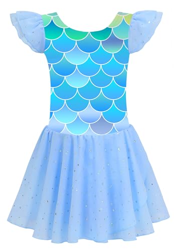 MdnMd Girls Ruffle Sleeve Dance Dress Leotards Blue Green Ballet Athletic Dress Outfit Tutu for Ballerina (G3-Blue, Age 6-8, Blue)