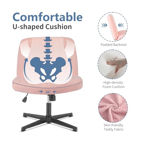 Image of DUMOS Criss Cross Chair No Wheels, Cross Legged Office Desk Armless Vanity Chiar Wide Seat, Height Adjustable Swivel Computer Task Chairs for Home Bedroom, Pink Teddy