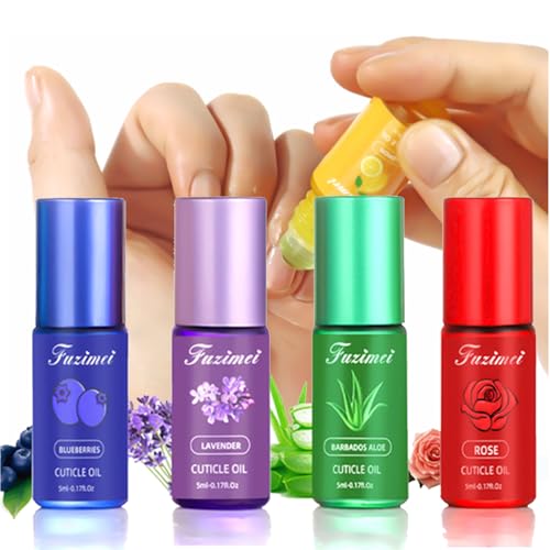 MKNZOME Huile pour Ongles et Cuticules, Lot de 4 Huiles Roll-On pour Ongles Abîmés, Stylo Huile Hydratante et Nourrissante pour Ongles, Coffret Soins Cuticules pour Réparer les Ongles Fissurés et Secs
