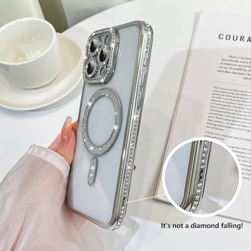 Image of DIZORO Compatible with (iPhone 15 Pro Max Case) Clear Luxury Diamond Glitter Case |Camera Lens Protector with Glitter Ring | Premium Shockproof Glossy Shiny Back Cover Case for Girls Women -Silver