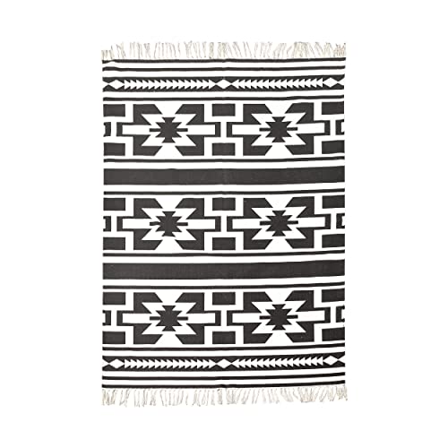 THE RUGS STORE Black & White Rectangle Cotton Printed Handwoven Beautiful Fringes Design Rug Indoor Outdoor Layered Carpet with