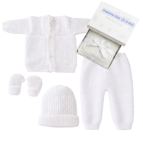 Preemie Coming Home Outfit (4–5 lbs) – Handmade NICU Baby Clothing 4-Piece Knit Set – Smaller Than Standard Newborn – Premature Baby Coming Home Gift - Color White